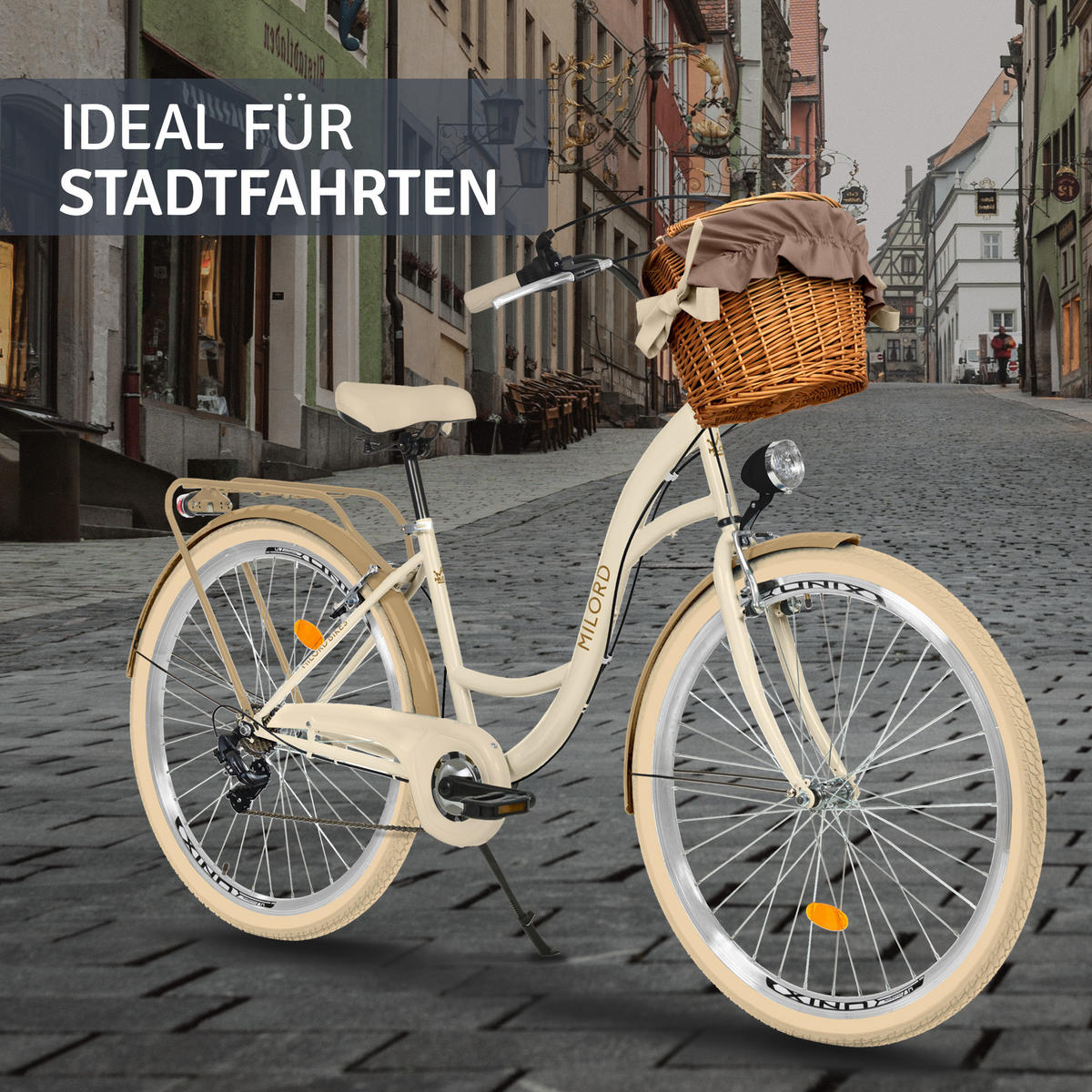 CITY-FAHRRAD Milord mit Weidenkorb, 28 Zoll, Creme-Braun, 7-Gang - Creme/Braun, Metall (46cm) - Milordbikes