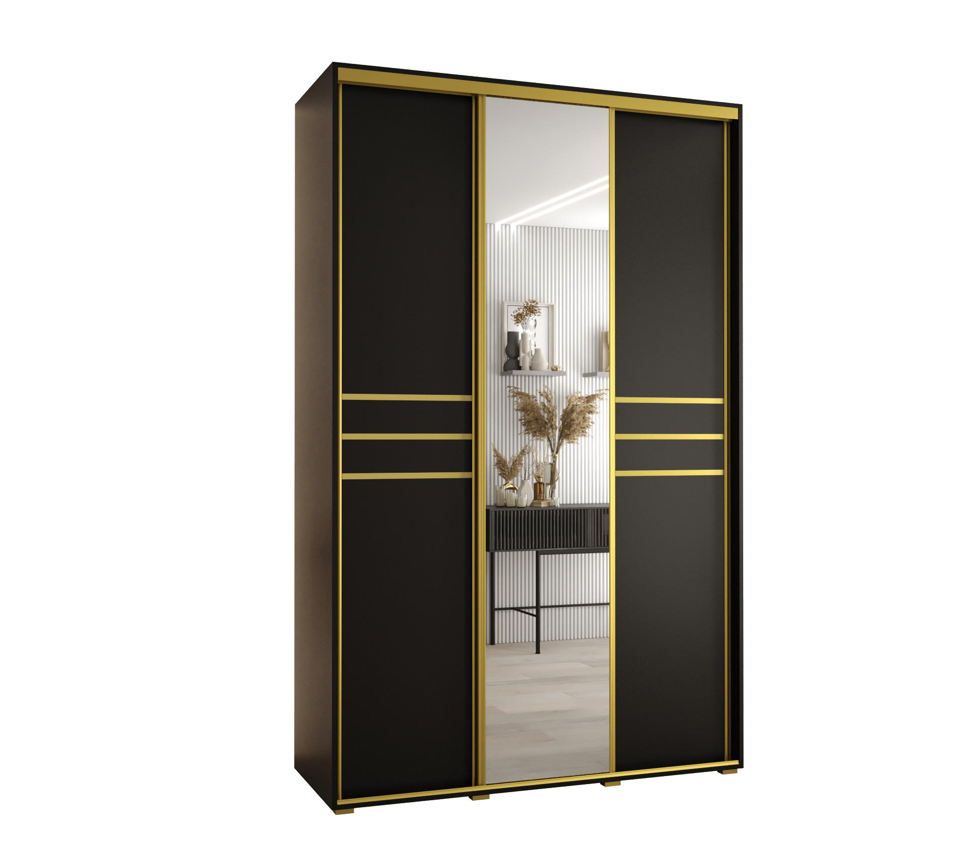 Abiks Möbel Schwebetürenschrank Schwarz, Schwarz, Gold 150x235x45 cm