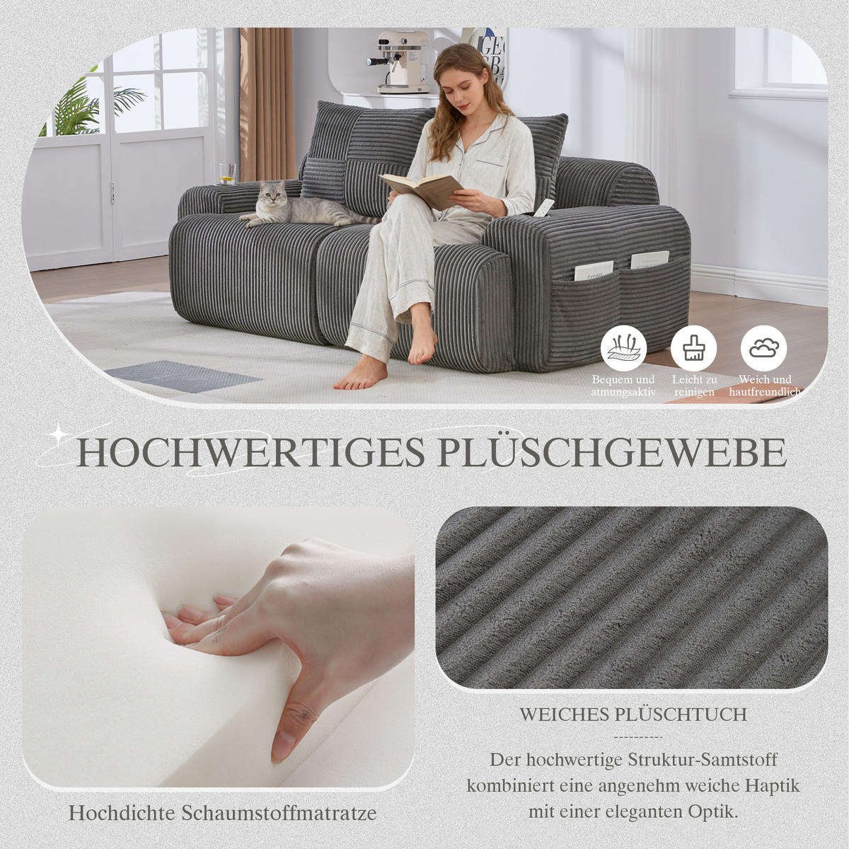 2-SITZER Sofa Cordstoff mit Getränkehalter und Seitentasche 200/99/80 cm Dunkelgrau - Dunkelgrau, Textil (99/80/200cm) - Redom