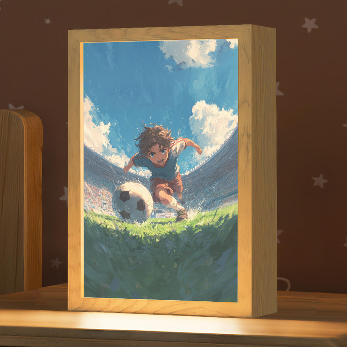 NACHTTISCHLAMPE Stadion - Fußballer - Ball 20x30 cm - Blau, Holzwerkstoff (8/20/30cm)