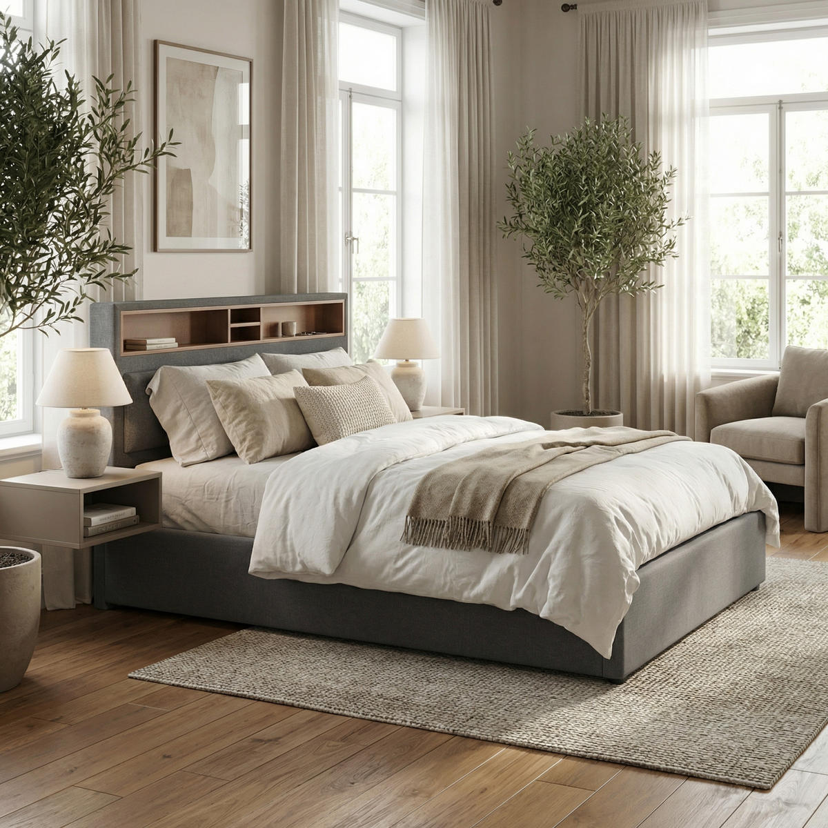 ČALOUNĚNÁ POSTEL 160×200 cm šedá – dvoulůžko s USB-C zásuvkou, úložným prostorem a nastavitelným čelem postele - šedá, kompozitní dřevo/textil (160/200cm) - Urban Meuble