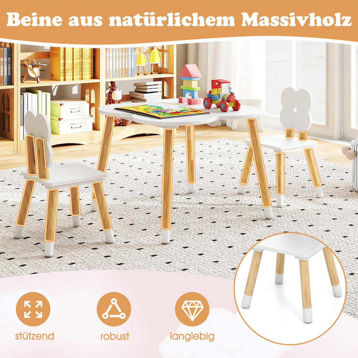 KINDERTISCH mit stuhl weiß(3-tlg) - Weiß, Holzwerkstoff (60/44/60cm) - COSTWAY