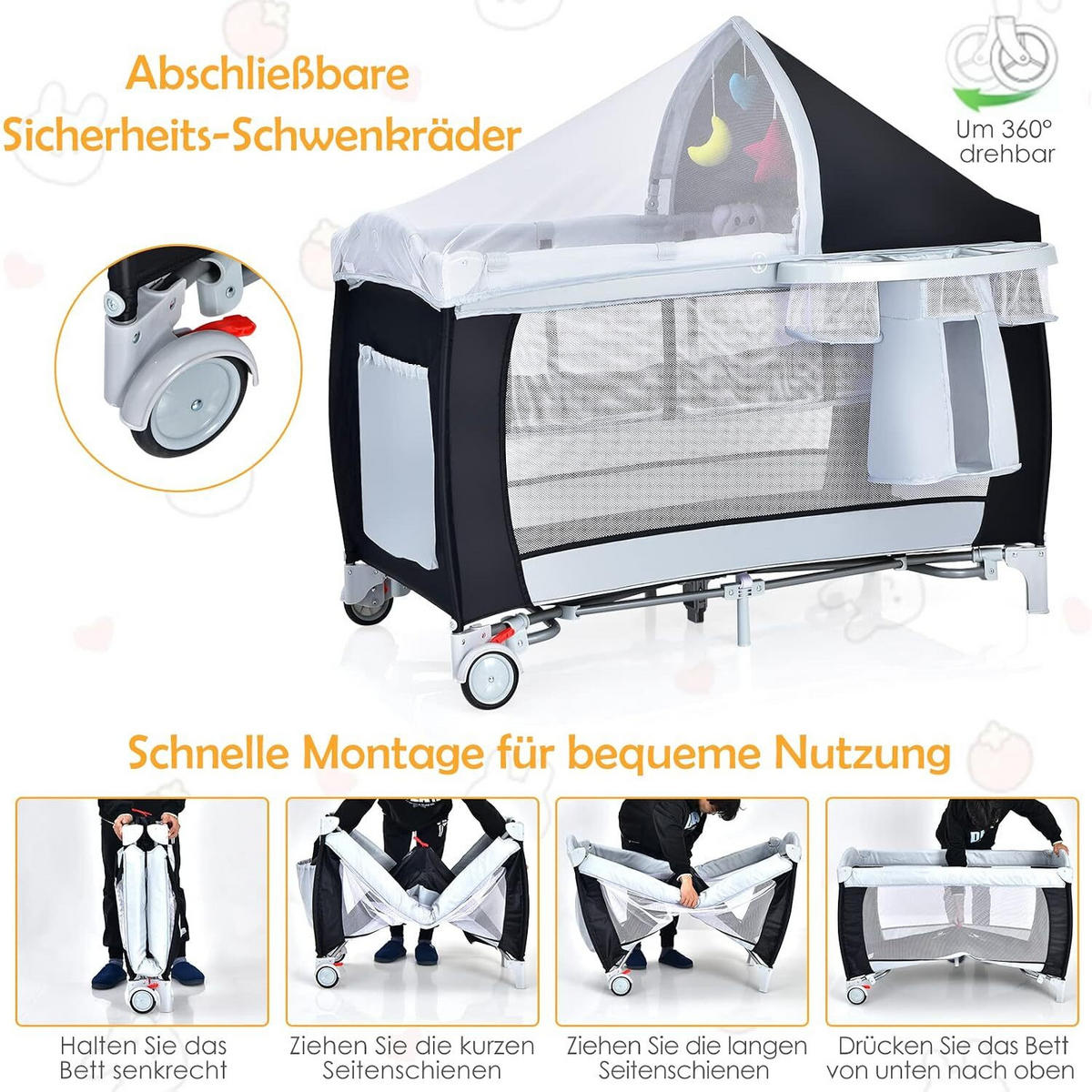 REISEBETT faltbar schwarz - Schwarz, Textil - COSTWAY