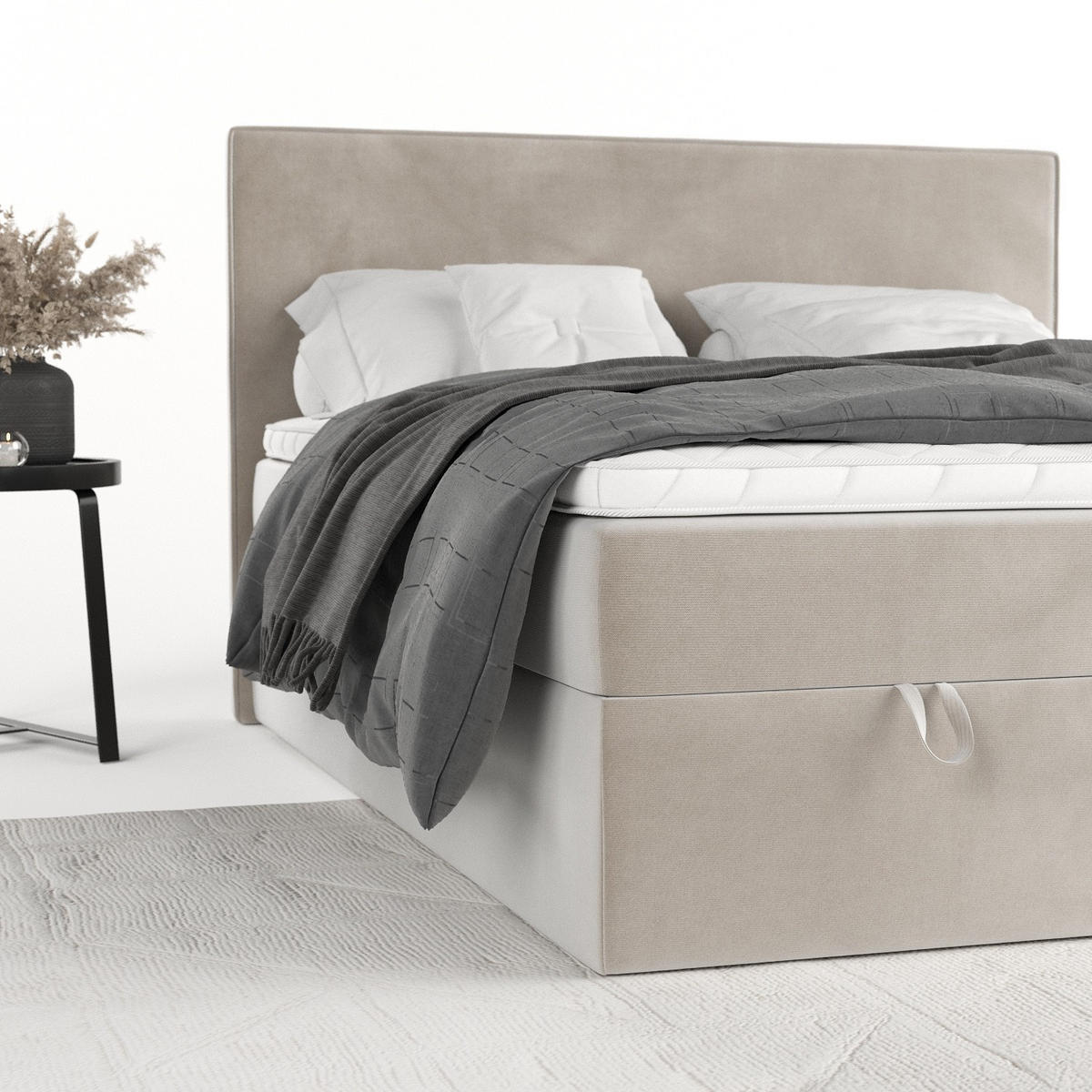 BOXBETT Velma 180/200 cm Hellbeige im Paros Stoff - Beige/Schwarz, Holz/Holzwerkstoff (180/200cm) - AltaBeds