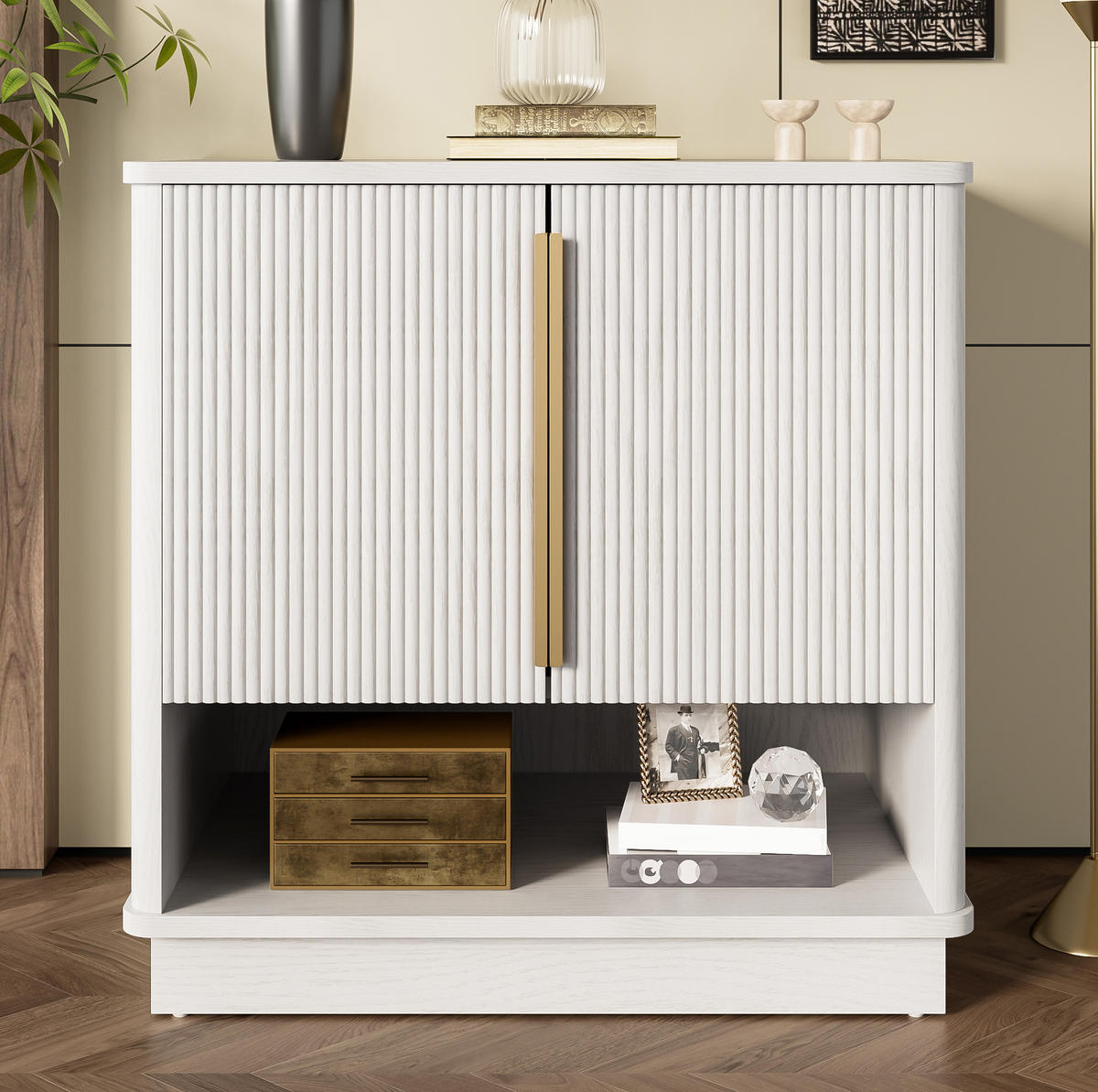 SKRINKA na topánky z MDF, 60/40/61 cm biely v dekore dreva s 2 dverami a otvorenou priehradkou - biela, kompozitné drevo (60/61/40cm) - BEAOK