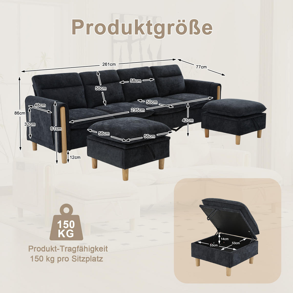 WOHNLANDSCHAFT DE-33935 modular mit Stauraumhockern Schwarz - Schwarz, Holz (77/86/261cm) - ComfortXL