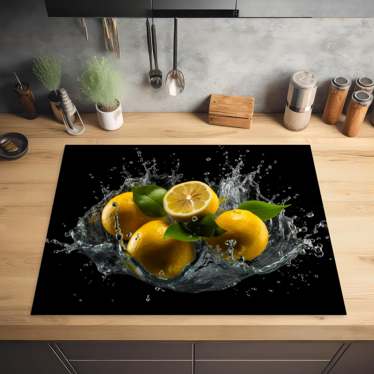 HERABDECKPLATTE - Zitrone - Obst - Gelb - Schwarz - 80x55 - Gelb, Kunststoff (80/55/0.2cm) - MuchoWow
