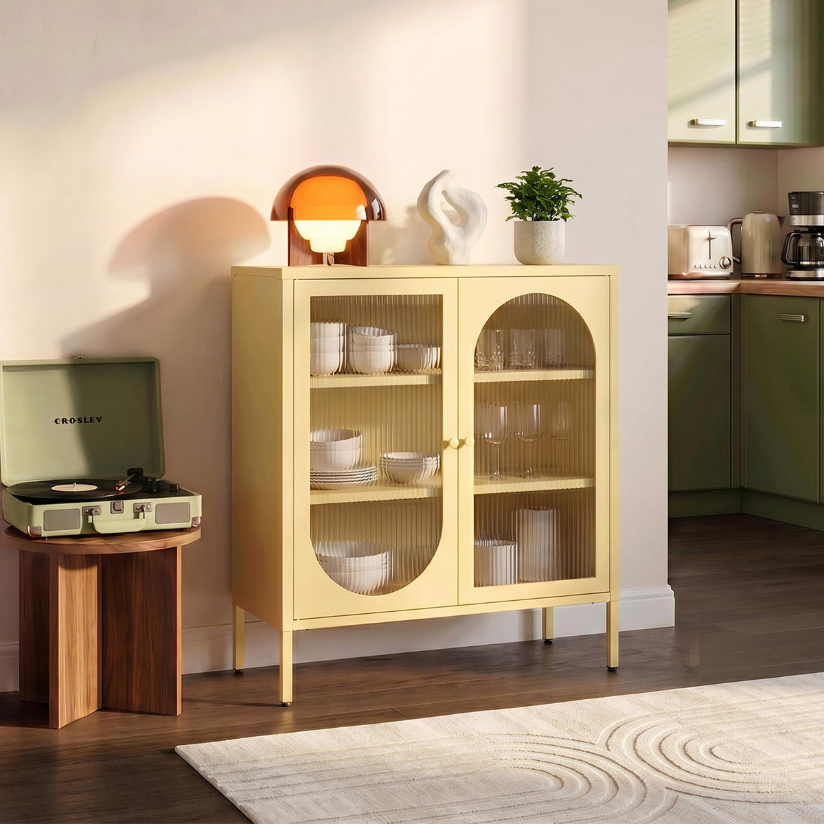 SIDEBOARD KURT aus Metall im Industriestil mit 2 Türen, Pastellgelb und geriffeltem Glas, 80 cm - Hellgelb, Metall (80/90/35cm) - Sicaan