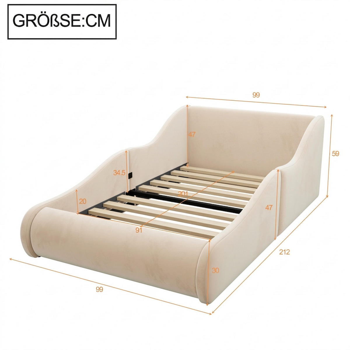 POLSTERBETT 90/200 cm Beige mit hohem Kopfteil und Seitenschutzgittern - Beige, Textil/Metall (90/200cm) - Oxeza