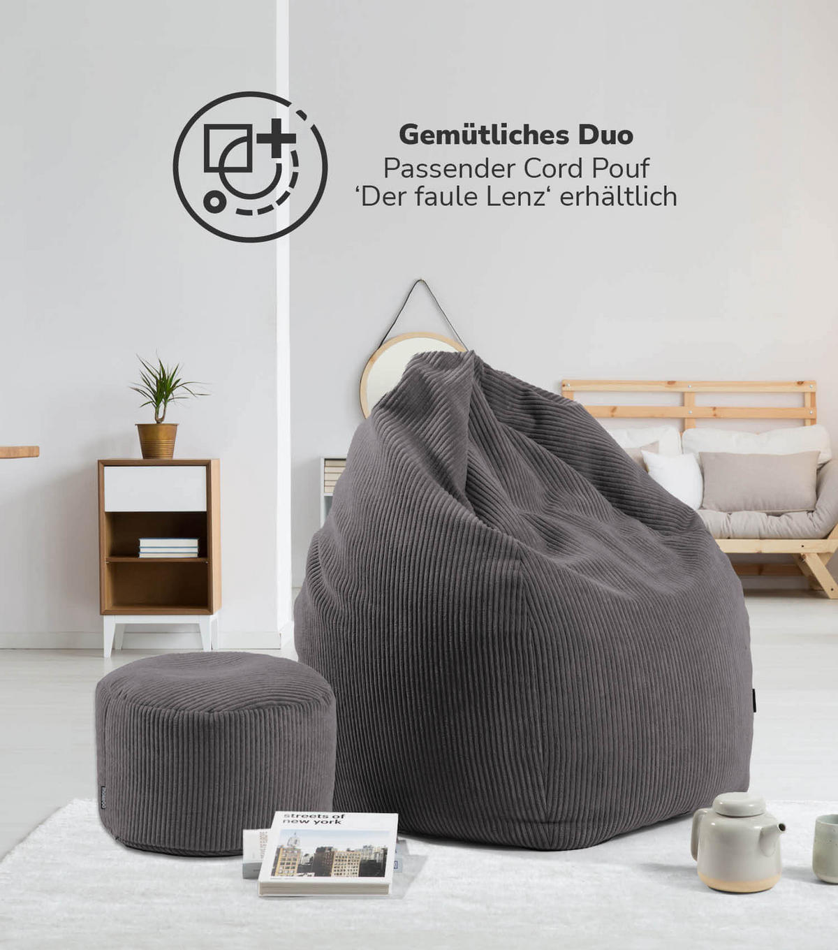 SITZSACK Cord Der Tagträumer - Anthrazit, Textil (80/130/80cm) - Mokebo