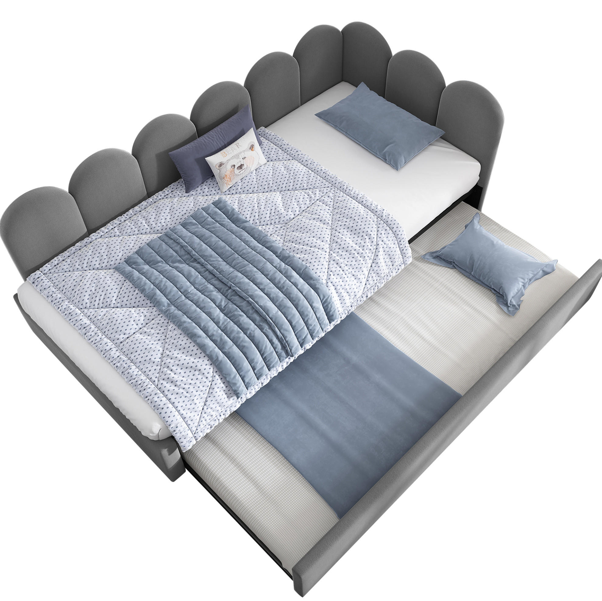 POSTEL 90/200 cm, samet šedá, s výsuvným lůžkem a lamelovým roštem - šedá, textil (90/200cm) - BEAOK
