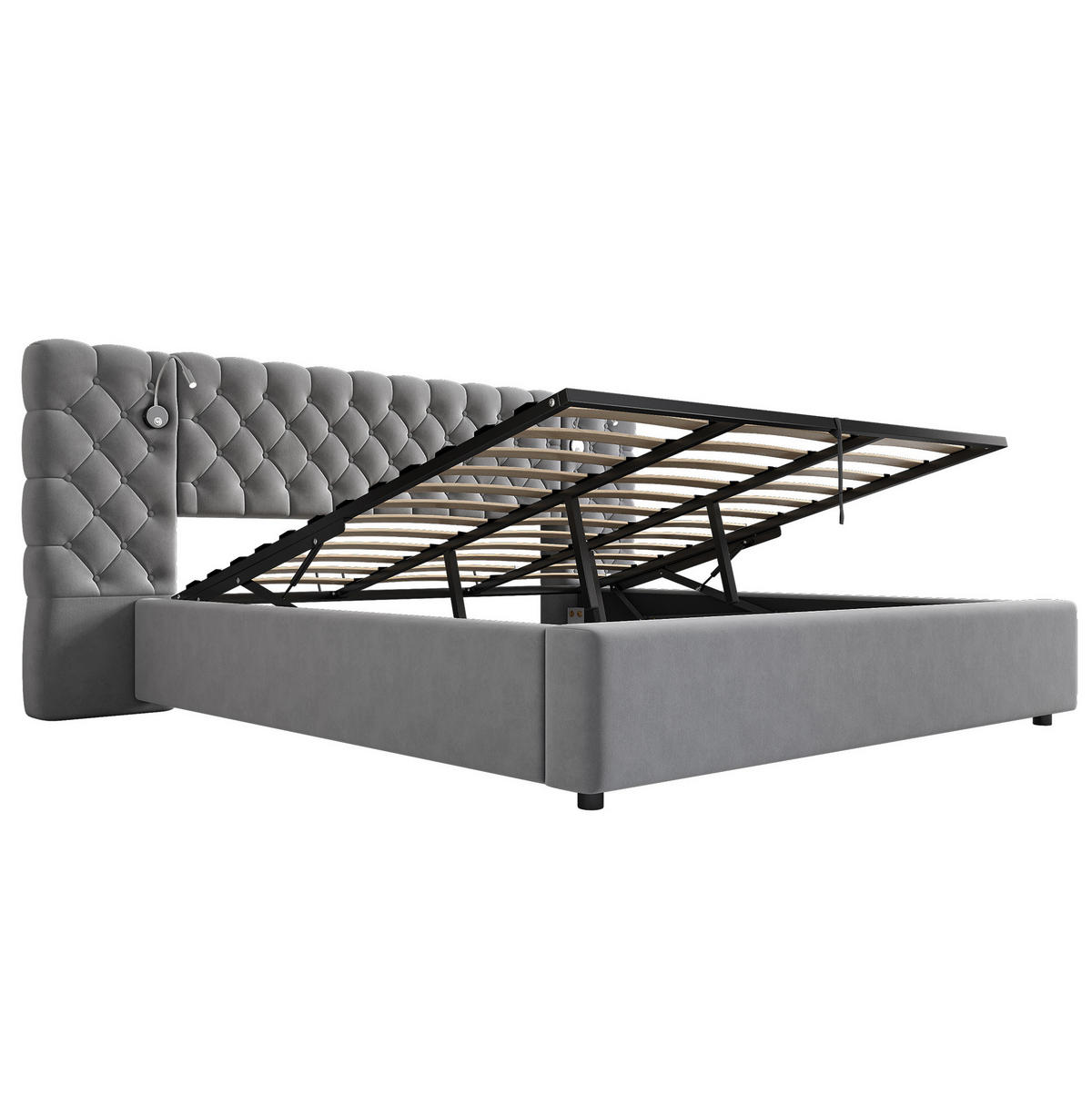 POLSTERBETT aus Samt 180x200 cm Grau mit hydraulischem Bettkasten und Leselicht - Grau, Textil (180/200cm) - IVMEU
