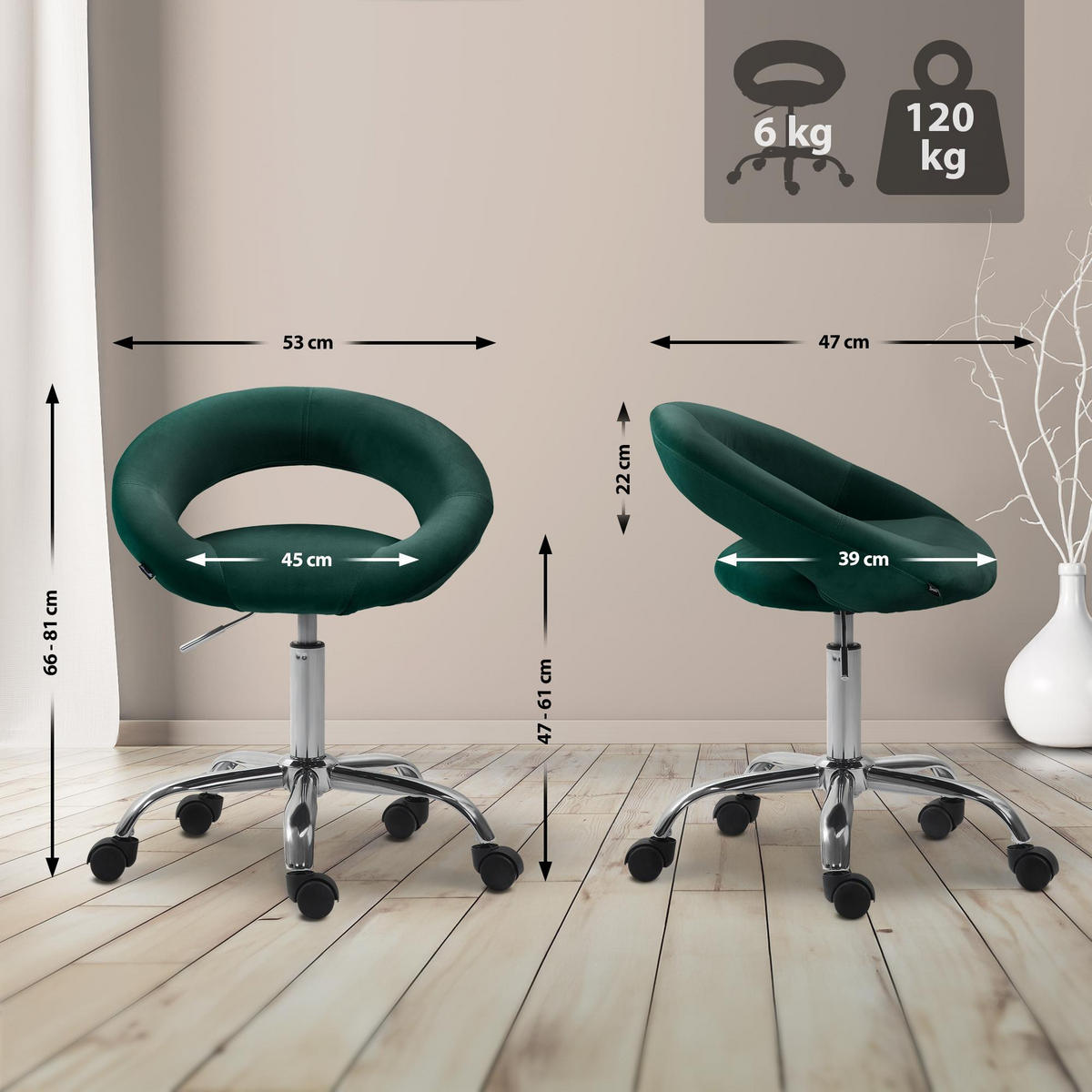 HOCKER Samt grün - Grün, Textil/Metall (53/66/47cm) - CLP