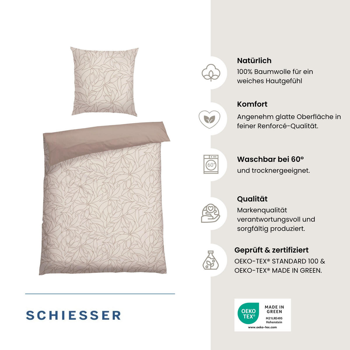 BETTWÄSCHESET Leaves - Renforcé - 2-teilig - 135 x 200 cm - Taupe - Taupe, Textil (135/200cm) - SCHIESSER