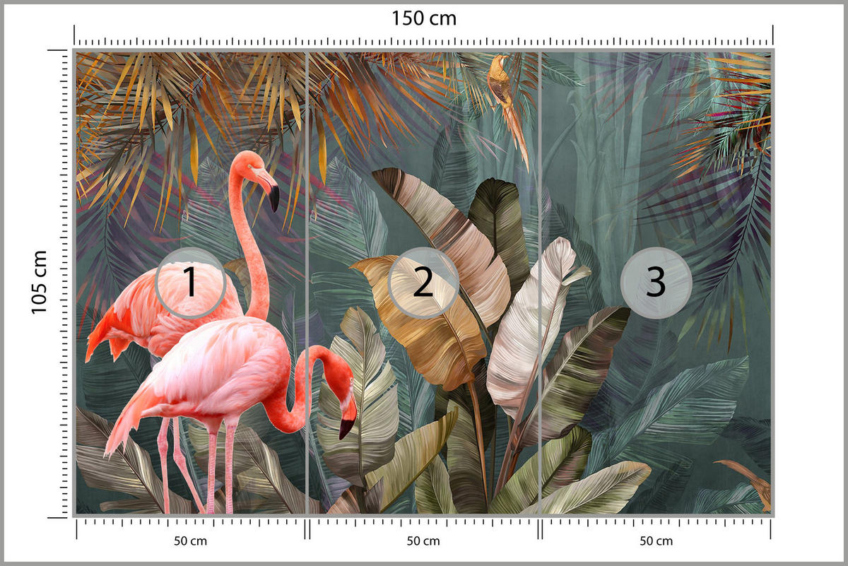 FOTOTAPETE für Wohnzimmer Flamingos Dschungel Blätter Tropisch 150x105 - Multicolor, Papier (150/105cm) - Muralo