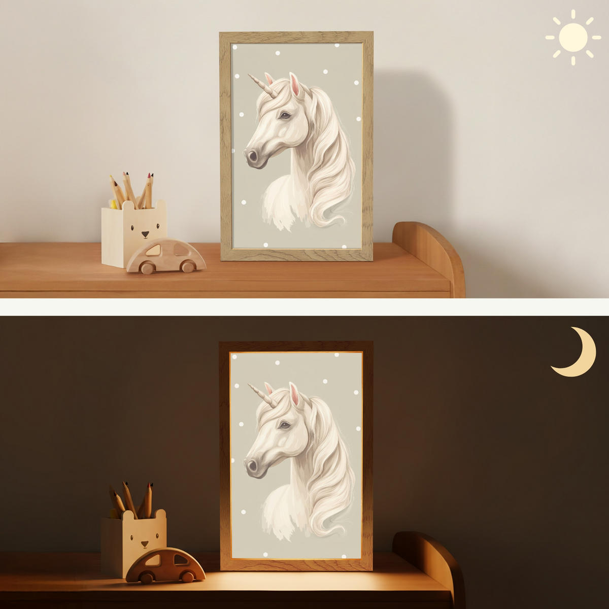 NACHTTISCHLAMPE Einhorn - Weiß - Punkte 20x30 cm - Taupe, Holzwerkstoff (8/20/30cm)