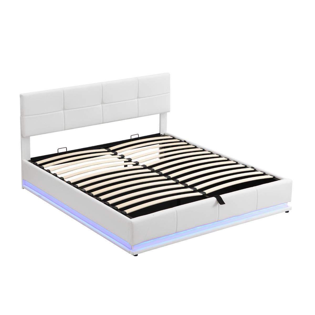 ČALÚNENÁ posteľ 180/200 cm s LED osvetlením a hydraulickým úložným priestorom, výškovo nastaviteľné čelo, Biela - biela, textil (180/200cm) - Redom