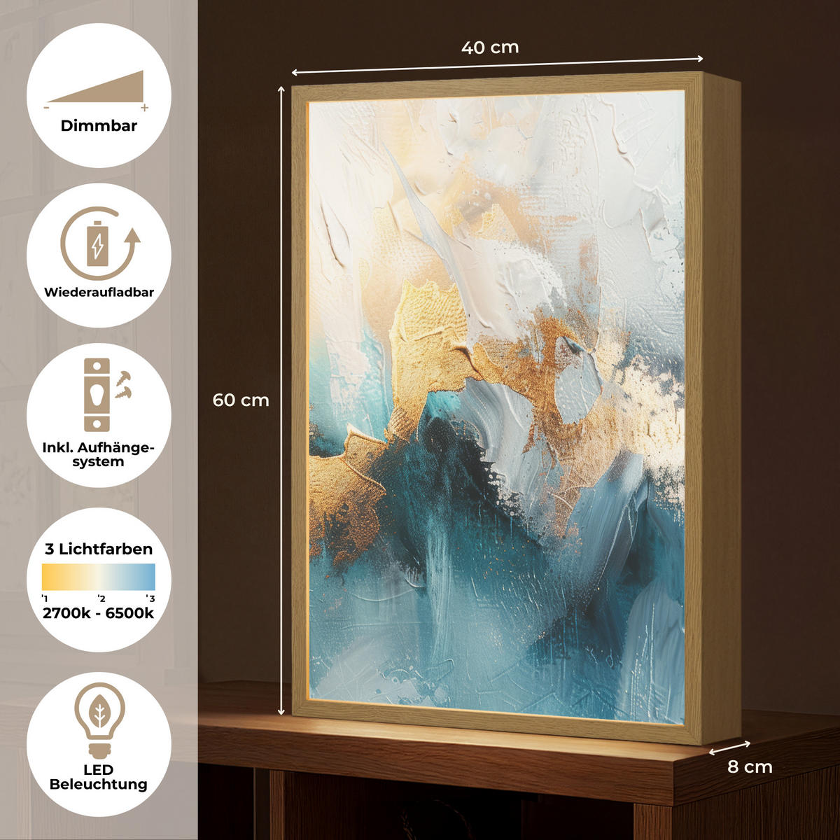 NÁSTĚNNÁ LAMPA S AKUMULÁTOREM Abstraktní - umění - zlatá - modrá 40x60 cm - tyrkysová, kompozitní dřevo (40/60/8cm) - OnlyWow