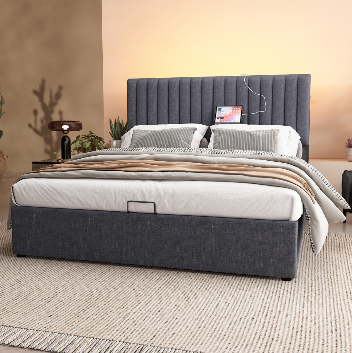POLSTERBETT 140/200 cm Grau mit Stauraum, LED-Beleuchtung und Matratze - Grau, Textil (140/200cm) - Flora Grace