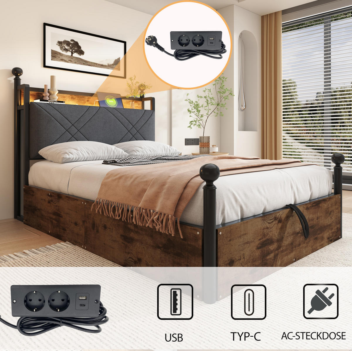 METALLBETT 90/190 cm Schwarz aus Eisen mit Stauraum und LED-Beleuchtung - Schwarz, Metall (90/190cm) - OKMYHOME