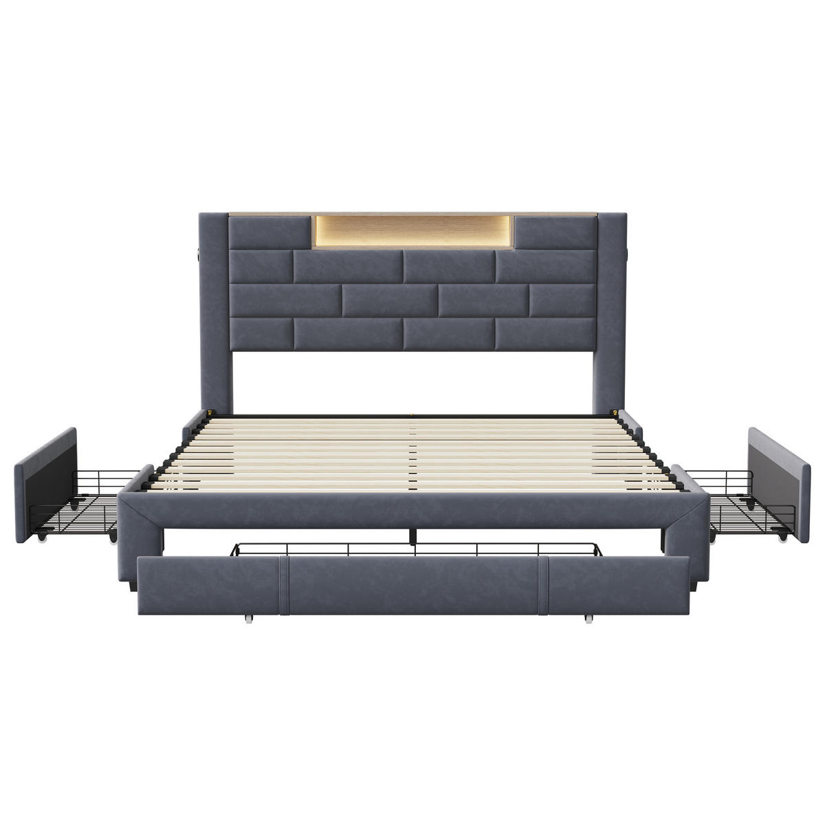 POLSTERBETT 160x200 cm, Grau, mit 3 Schubladen, LED & USB - Grau, Textil/Metall (160/200cm)