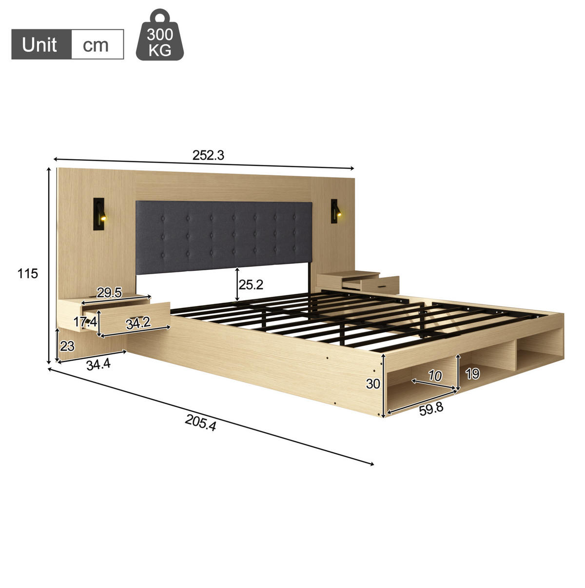 MANŽELSKÁ posteľ 180/200 cm svetlý dub s úložným priestorom a USB/USB-C z MDF - farba duba, kompozitné drevo (180/200cm) - OKWISH