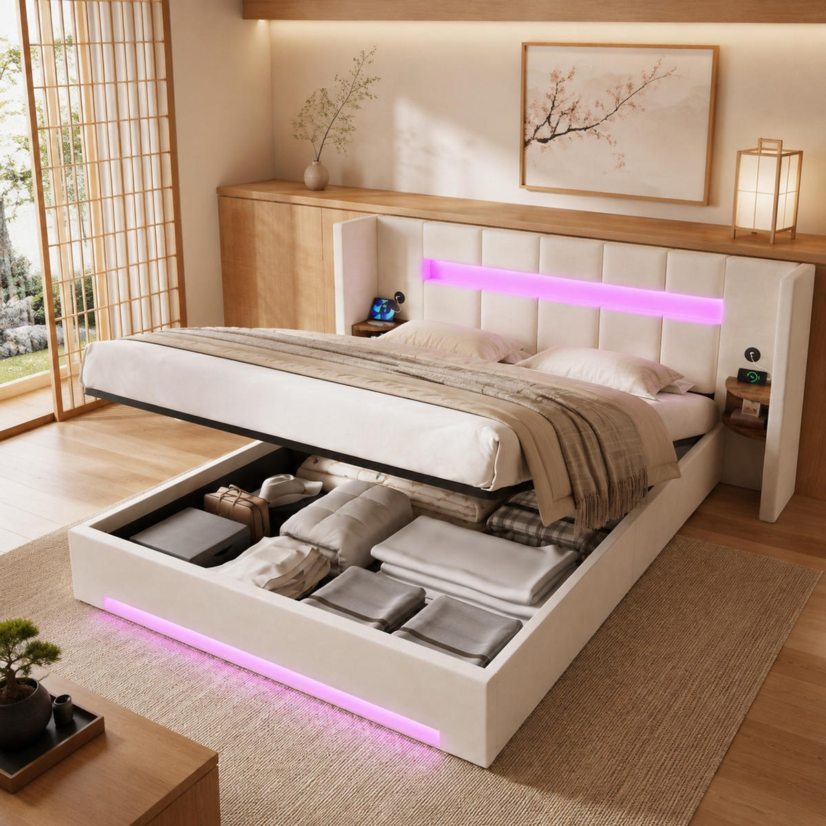 POLSTERBETT 160/200 mit Bettkasten, LED-Beleuchtung, 2x USB und Retro-Stauraum - Beige, Holzwerkstoff/Textil (160/200cm) - EVRYAE