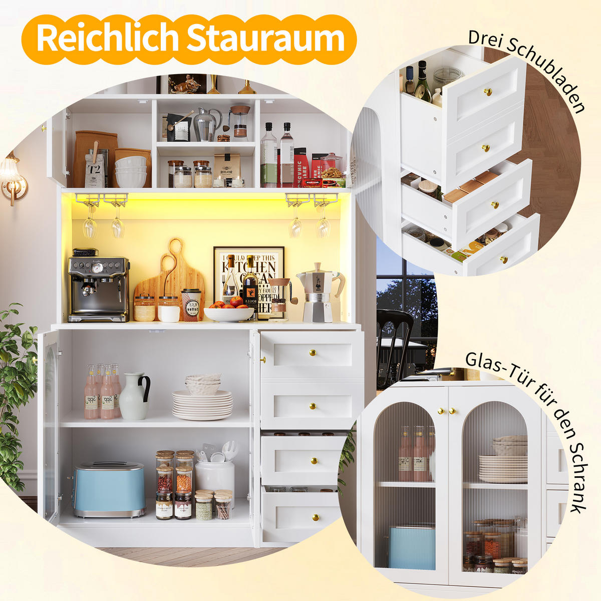 HIGHBOARD in Weiß Küchenschrank mit LED-Lichtleiste und Schubladen für Küche und Wohnzimmer, B120/T40/H188 cm - Weiß, Glas/Holzwerkstoff (120/188/40cm) - STILVORA