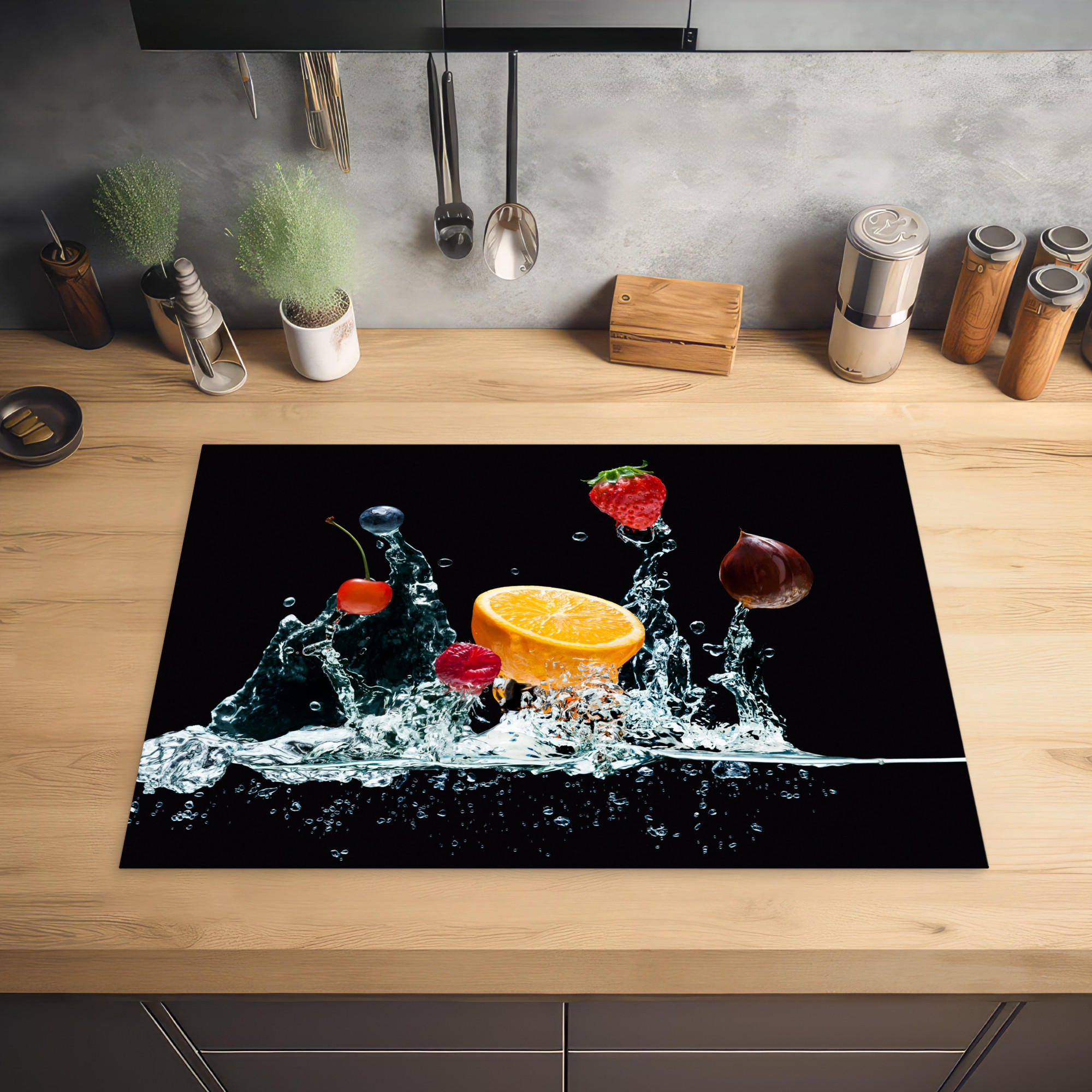 HERDABDECKPLATTE Wasser - Obst - Orange - Erdbeere - Kirsche - Schwarz 75x52 cm - Orange, Kunststoff (75/0.2/52cm) - MuchoWow