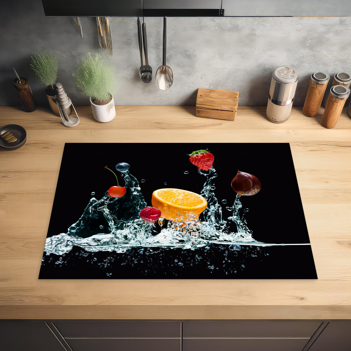 HERDABDECKPLATTE Wasser - Obst - Orange - Erdbeere - Kirsche - Schwarz 75x52 cm - Orange, Kunststoff (75/0.2/52cm) - MuchoWow