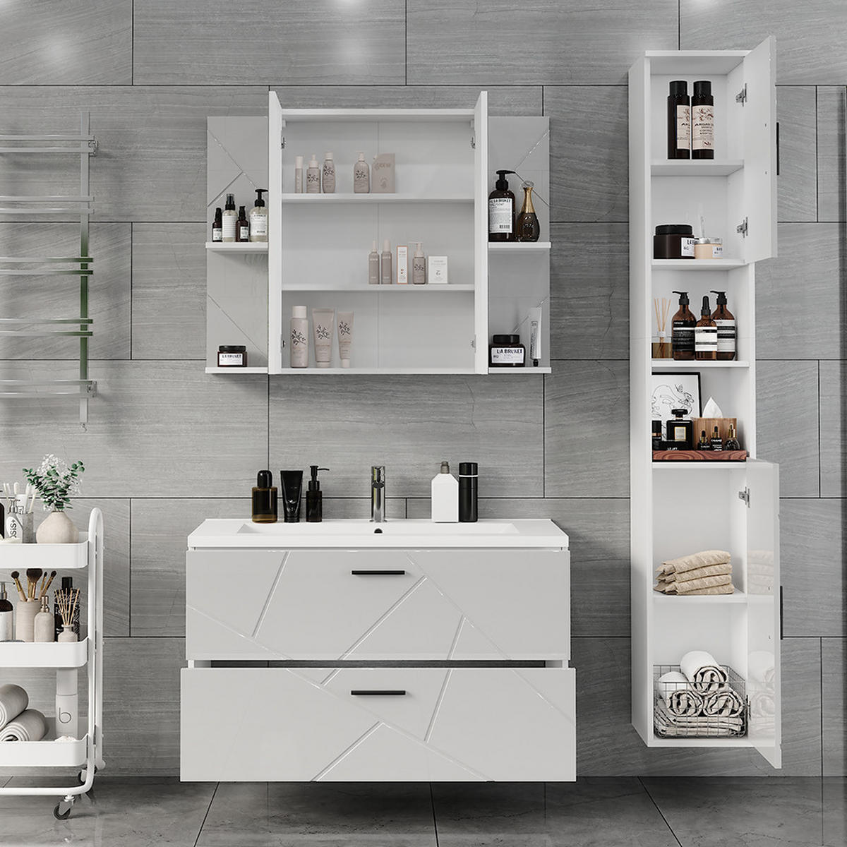 SÚPRAVA KÚPEĽŇOVÉHO NÁBYTKU Irma Biela/biela s vysokým leskom - biela s vysokým leskom, kompozitné drevo (100/57/44.6cm) - Vicco