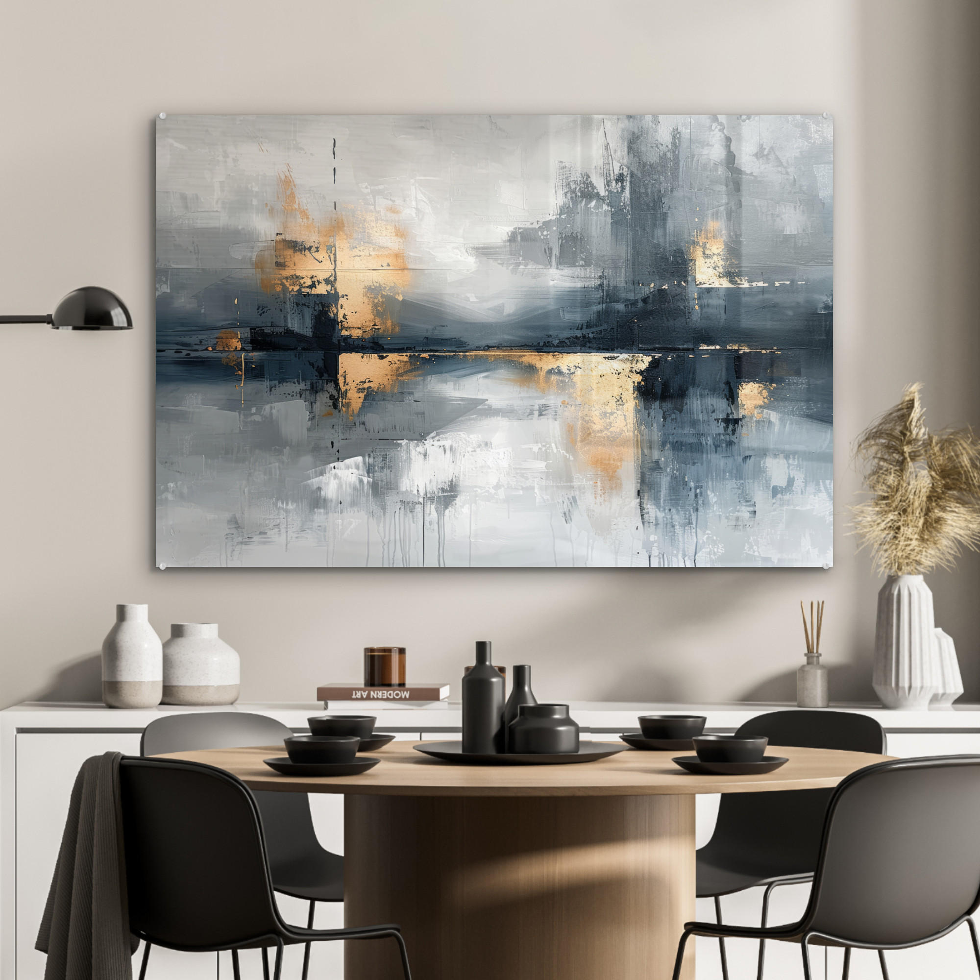 ACRYLGLASBILD Kunst - Grau - Gold - Abstrakt 90x60 cm - Dunkelgrau, Glas (90/60cm) - MuchoWow