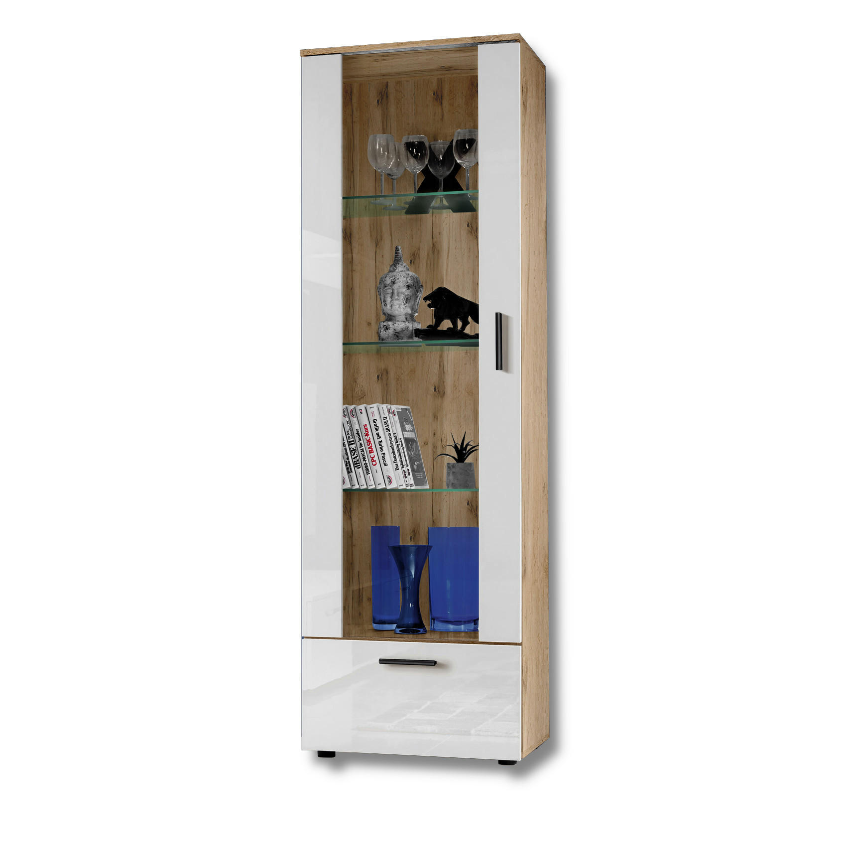 VITRINE ALESSANDRIA, Weiss - Eiche Wotan/Schwarz, Glas/Holzwerkstoff (60/192/42cm) - Komodee