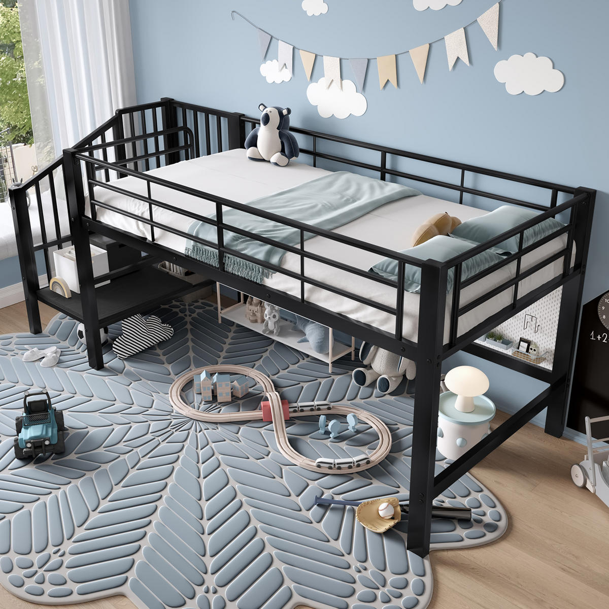 HOCHBETT 90/200 cm in Schwarz mit Stauraumtreppe aus Metall & MDF - Schwarz, Holzwerkstoff/Metall (90/200cm) - CHICFURN