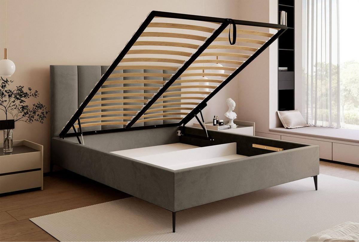 POLSTERBETT Masego Graubeige mit Metallbeinen, Velours, 180x200 cm - Taupe/Schwarz, Textil/Metall (180/200cm) - Selsey
