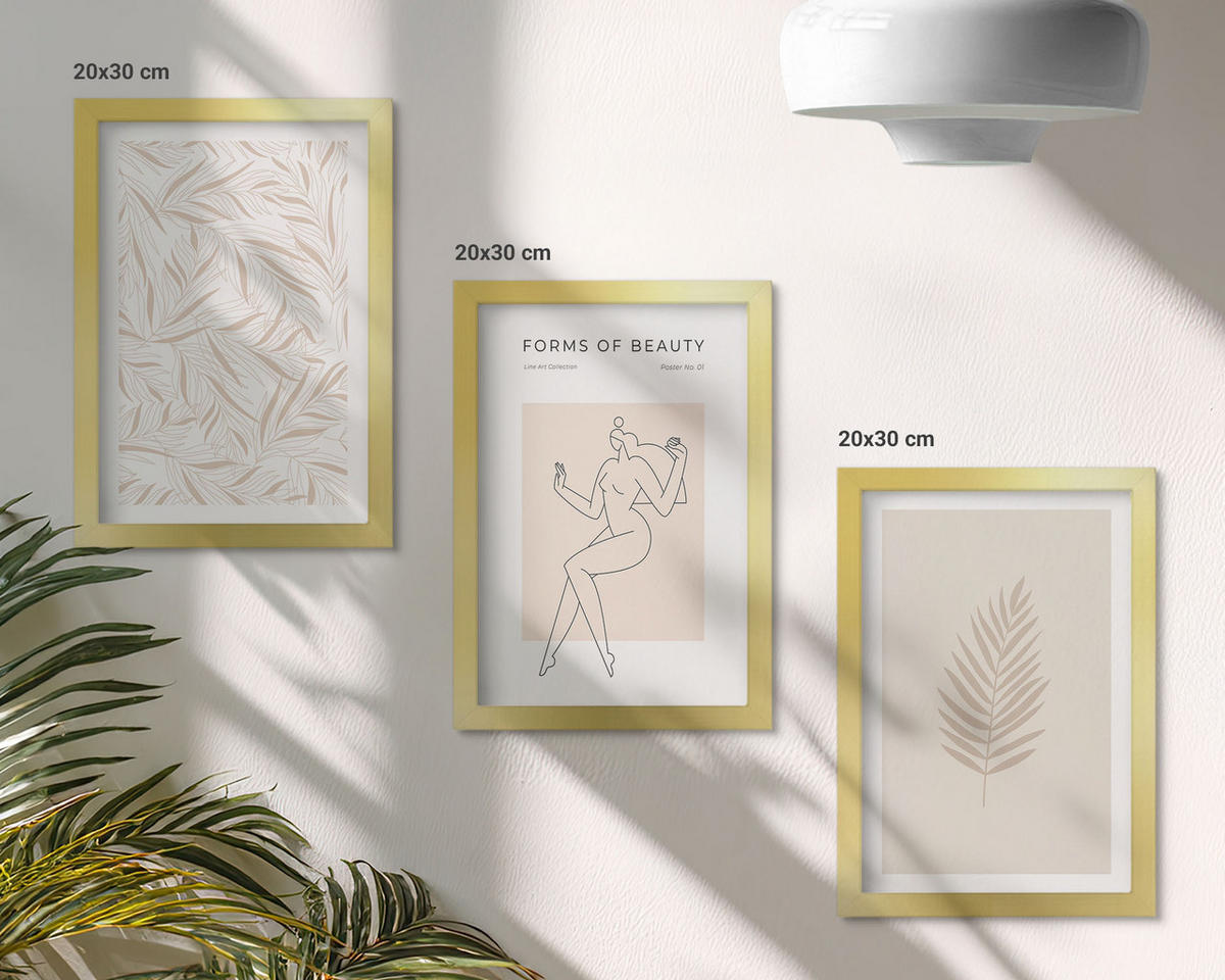 BILDER SET 3er Set - 20x30 cm Goldrahmen - Minimalistische botanische Motive - Goldfarben, Kunststoff (20/30cm) - TULUP
