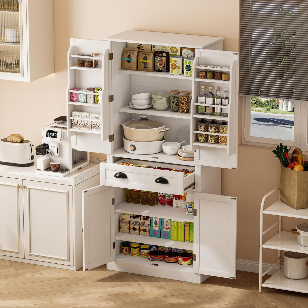 BUFFET 80/40/182 cm Weiß aus MDF mit 4 verstellbaren Böden - Weiß, Holzwerkstoff (80/182/40cm) - OKWISH