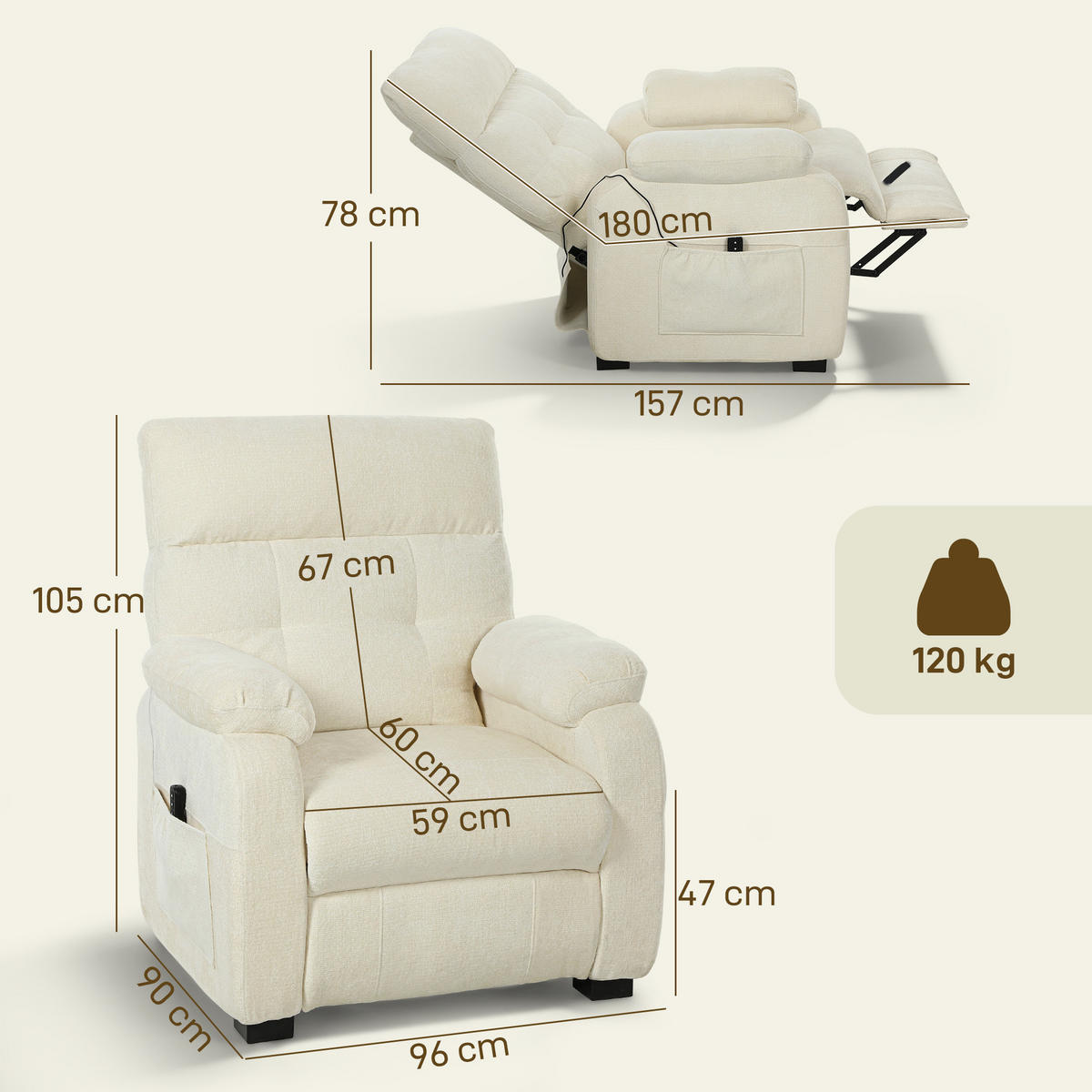 ELEKTRISCHER-RELAXSESSEL Samt 100 Prozent Polyester Metall Weiß - Schwarz/Weiß, Textil/Metall (90/105/96cm) - HOMCOM