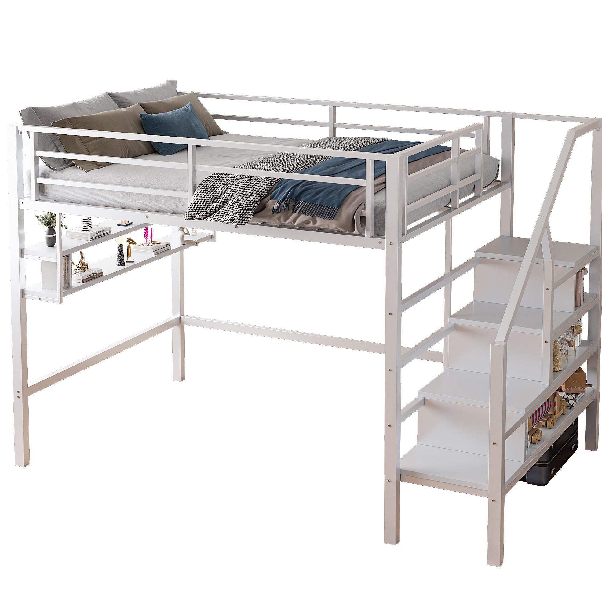 VYSOKÁ postel 140/200 cm bílá s policemi a úložným žebříkem z kovu a MDF - bílá, kov (140/200cm) - OKWISH