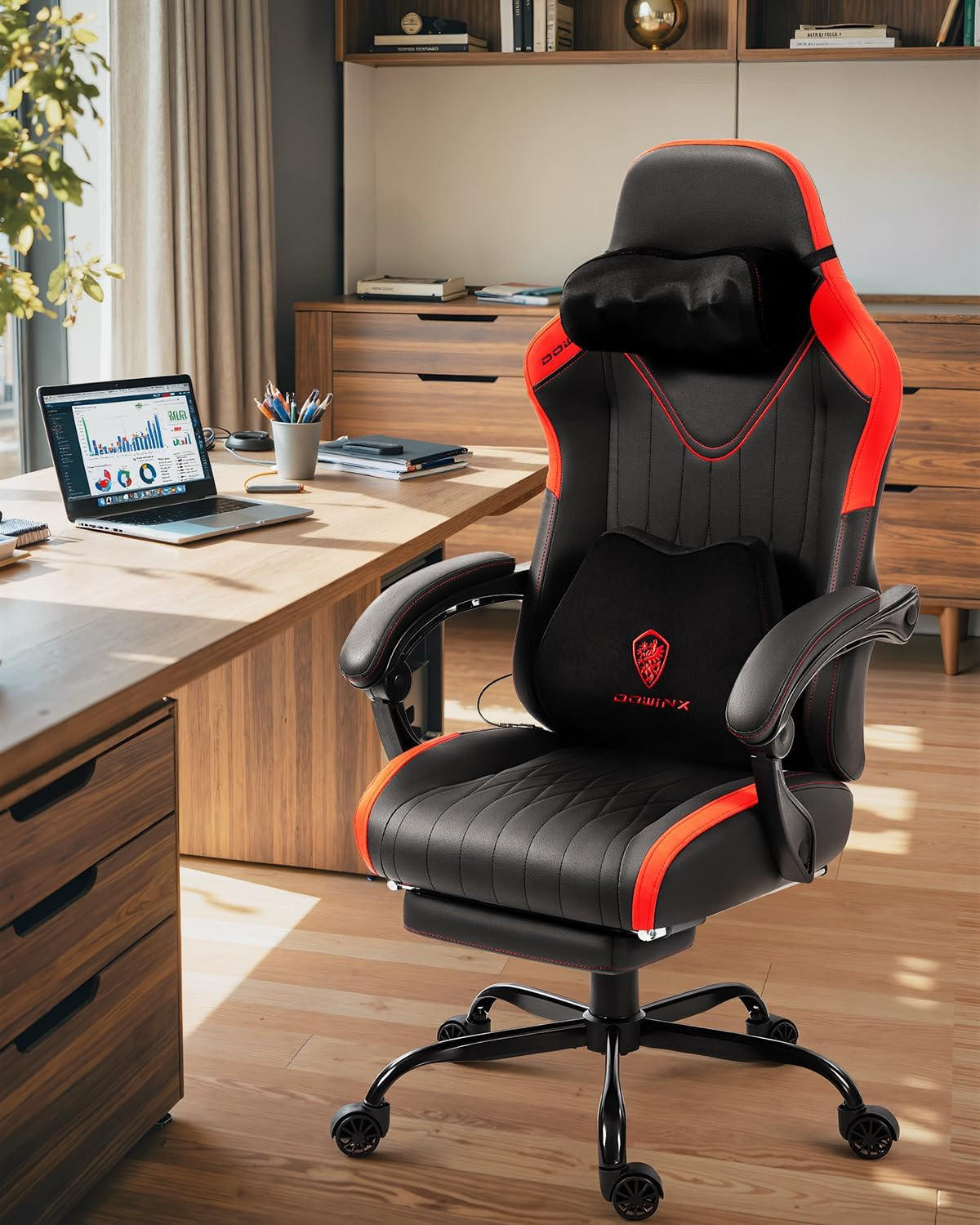 GAMING Stuhl mit Massagefunktion & Lendenwirbelstütze & Nackenstütze - Rot, Leder (56/123/70cm)