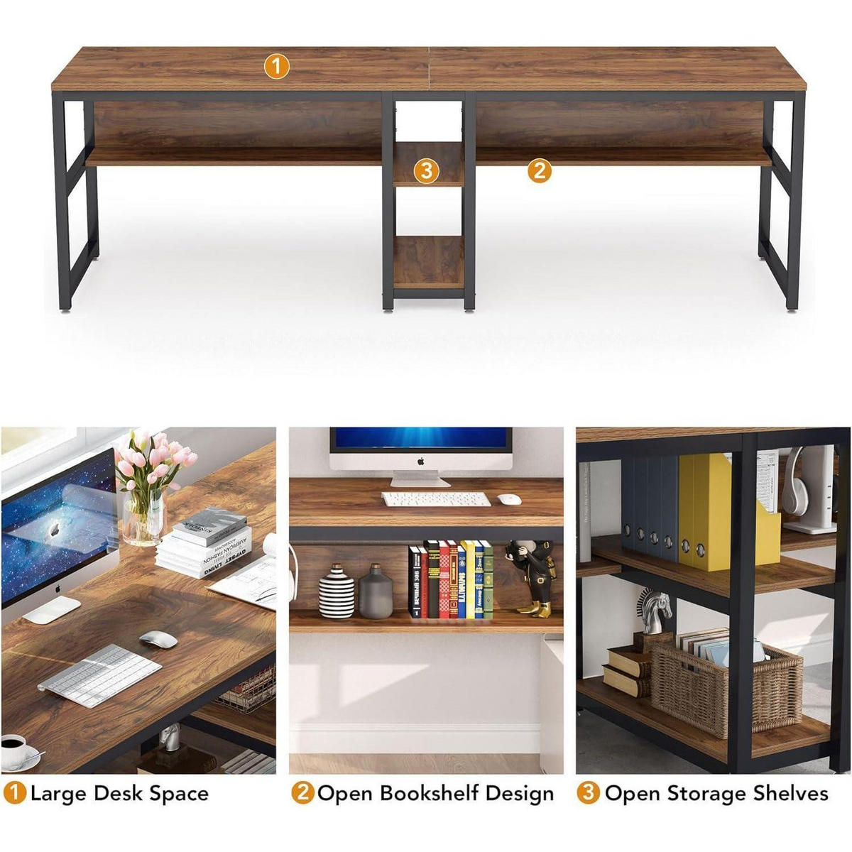 SCHREIBTISCH 200 cm mit Regalen Vintagebraun-Schwarz - Braun, Metall (60/200/75cm)