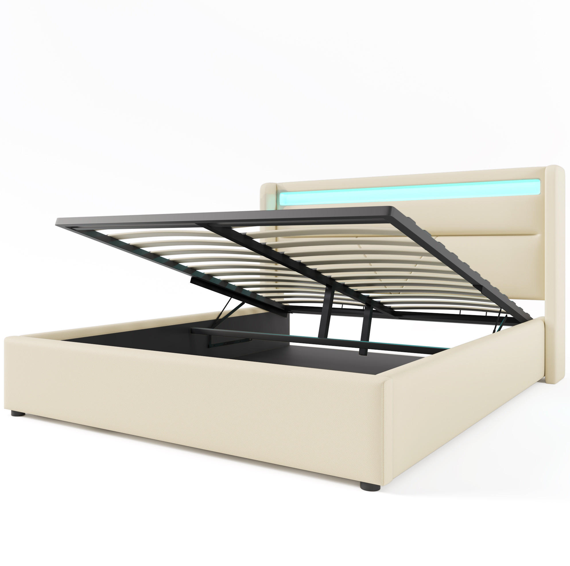 POLSTERBETT 160/200 cm mit LED-Beleuchtung, hydraulischem Bettkasten und Matratze, Weiß - Weiß, Kunststoff (160/160cm) - Redom
