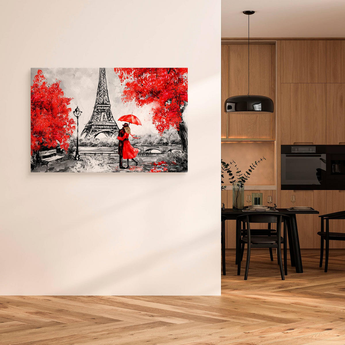 LEINWANDBILD Romantisches Paris Eiffelturm Bäume Malarei 100x70 - Rot/Schwarz, Textil (100/70cm) - Muralo