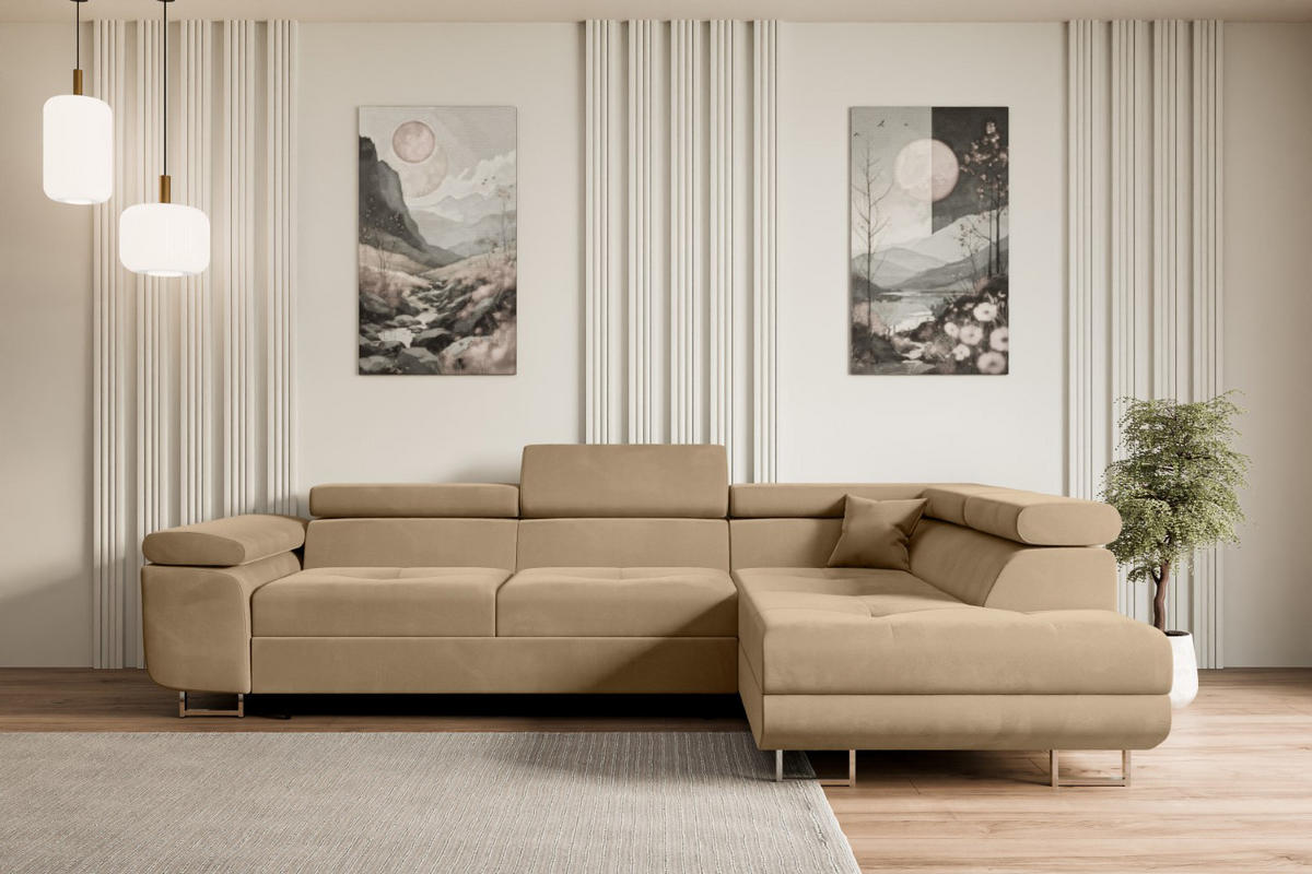 ECKSOFA mit Schlaffunktion und Bettkasten GUSA-L 272x202x107 cm Beige Velours - Beige/Silberfarben, Holzwerkstoff/Textil (272/202cm) - ALTDECOR
