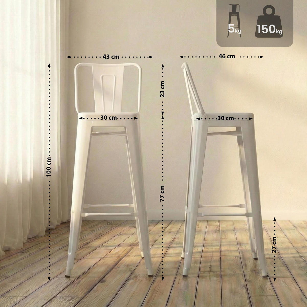 BARHOCKER Mason 96x44x43 cm weiß - Weiß, Metall (44/96/43cm) - furnicato