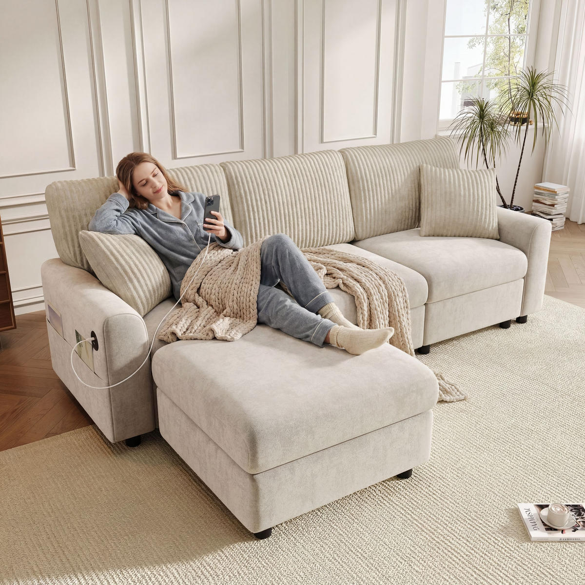 SOFA Beige USB Type-C Hocker 2 Kissen 223x146x84cm - Beige, Textil (146/223cm) - FLIEKS
