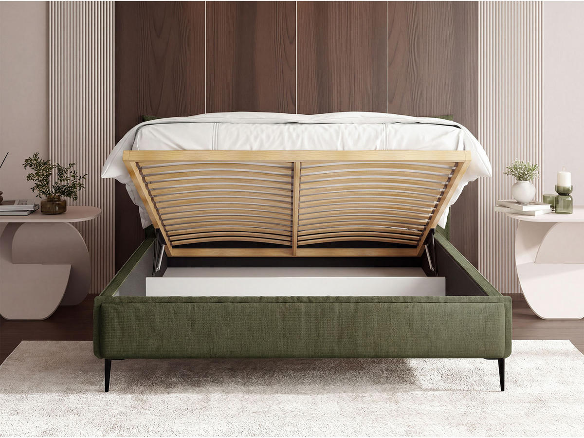 POLSTERBETT Pillow Rise mit Bettkasten, Lattenrost & hohen Metallfüßen in Grün Chenille 140x200 cm - Birkefarben/Schwarz, Holz/Holzwerkstoff (140/200cm) - WFL GROUP