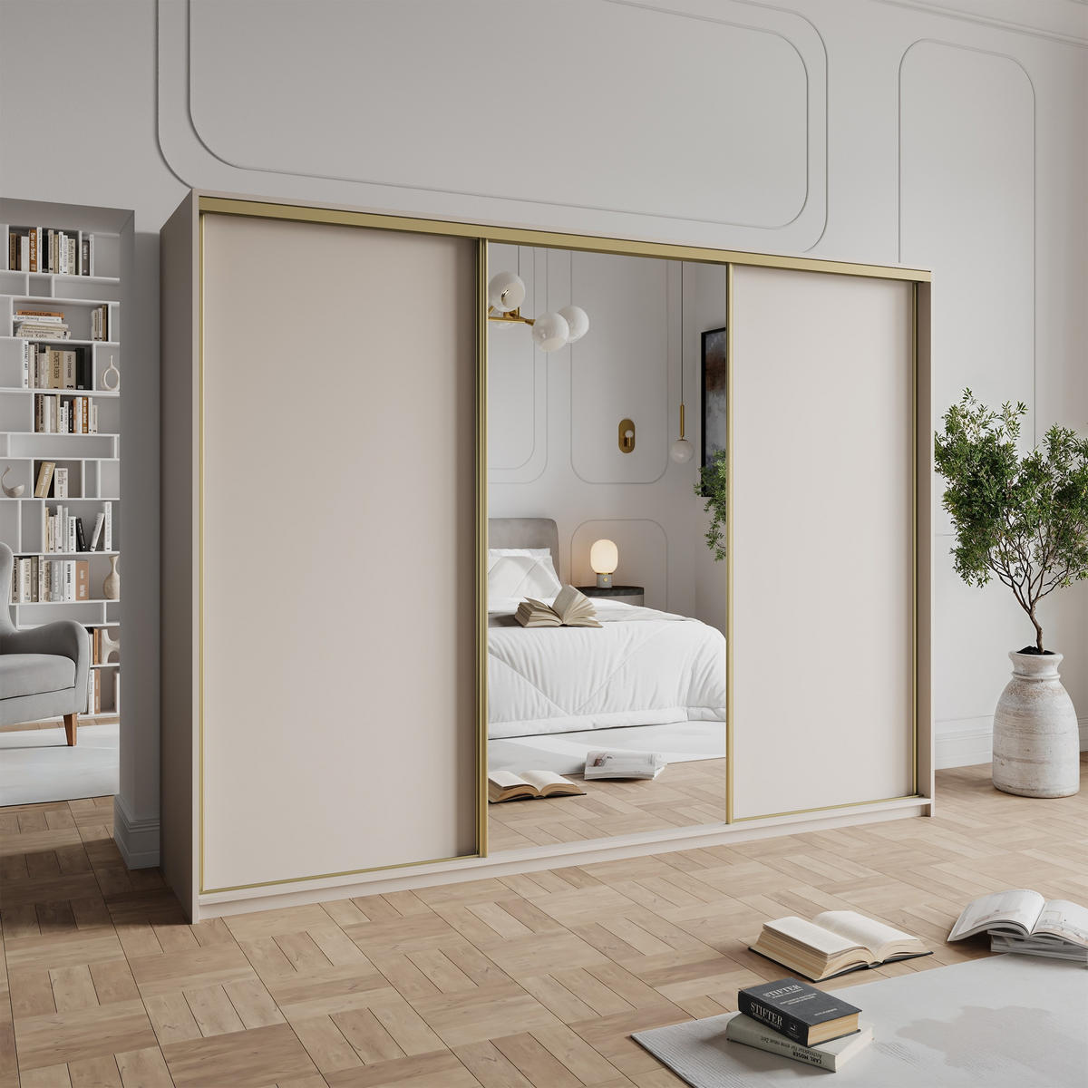 SCHWEBETÜRENSCHRANK TAVI 270/205/60 cm 3-türig mit Spiegel Kaschmir - Kaschmir, Holzwerkstoff (270/205/60cm) - MASSENO