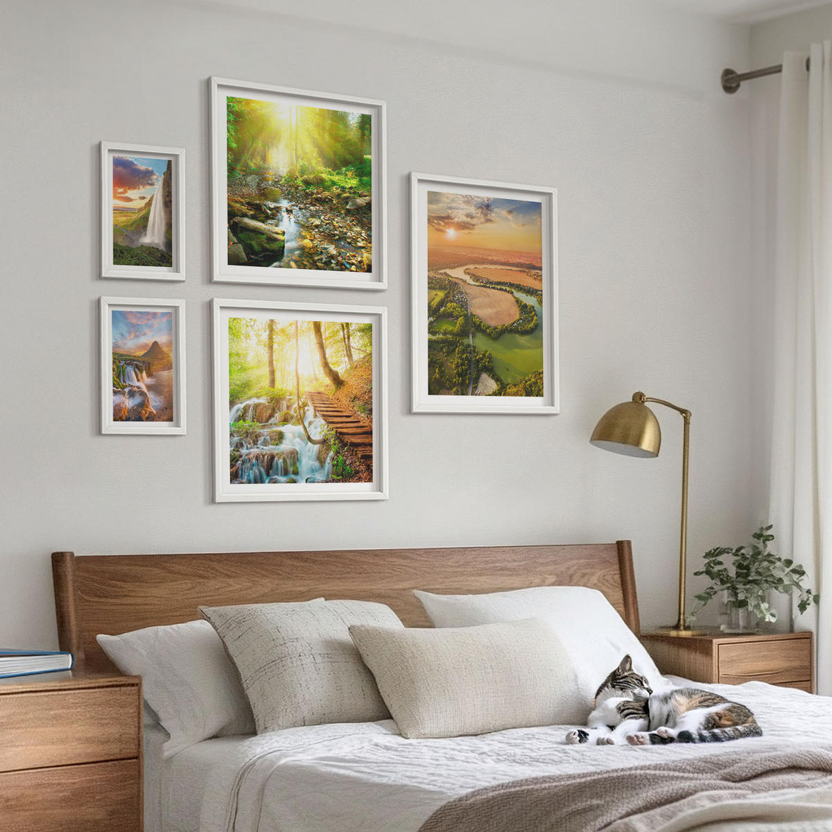 WANDBILDER 5er-Set - 50x50 cm & 20x30 cm & 40x60 cm Weißer Rahmen - Orange Mountain Wasserfall - Weiß, Kunststoff (40/60cm) - ArtPrintCave