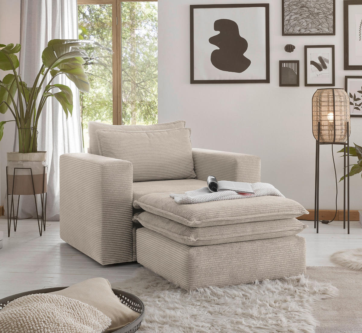 LOVESEAT Set beige Cord, Loungesessel inklusive Hocker - Beige, Holz/Kunststoff (110/83/161cm) - Furn.Design